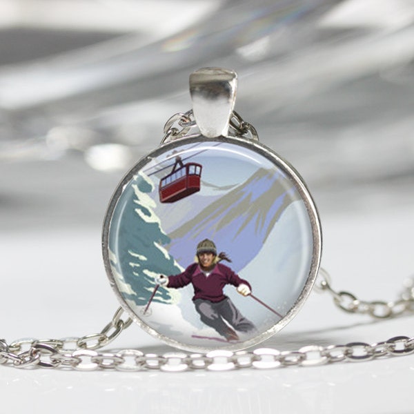 Ski Jewelry Skier Necklace Vintage Travel Poster Ski Lift Skiing Art Pendant in Bronze or Silver with Link Chain Included