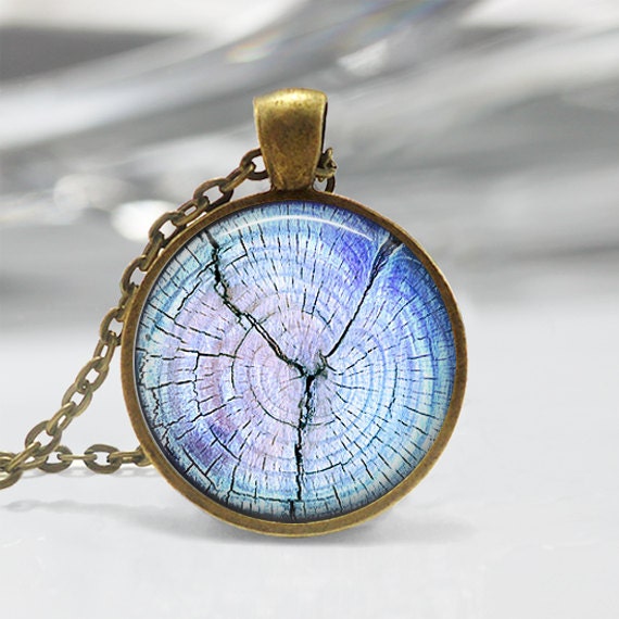 Tree Ring Necklace Blue Tree Jewelry Nature Art Pendant in Bronze