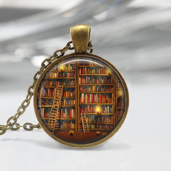 Library Book Necklace Librarian Jewelry for Bibliophiles Bookworms Art Pendant in Bronze or Silver with Chain Included