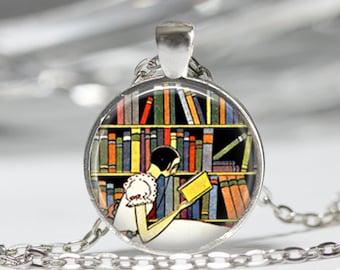 Librarian Necklace Book Jewelry Reading Bibliophile Library Art Pendant in Bronze or Silver with Chain Included