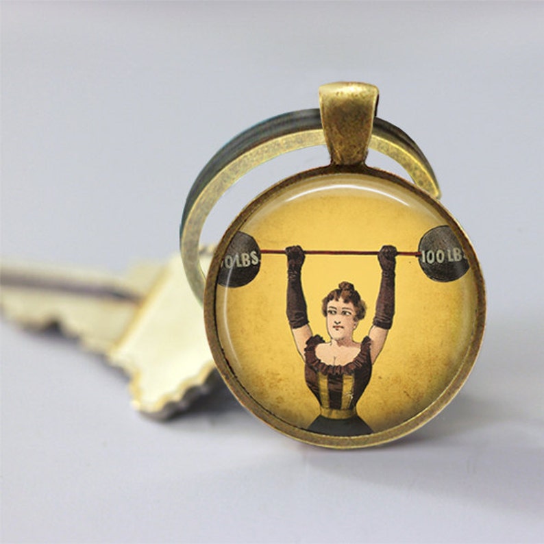 Strong Woman Keychain, Circus Freak, Vintage Circus, Carnival, Weight Lifting Key Chain, Key Fob image 2