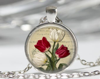 Red and White Tulip Necklace Spring Flowers Floral Art Pendant in Bronze or Silver with Chain Included