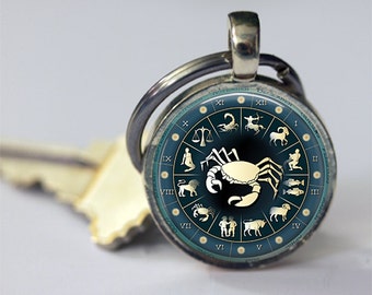 Zodiac Keychain Cancer Symbol Astrological Sign Crab June July Birthdays Astrology Key Chain, Key Fob
