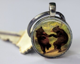 Dancing Bears Keychain Car Accessories Key Fob in Bronze or Silver
