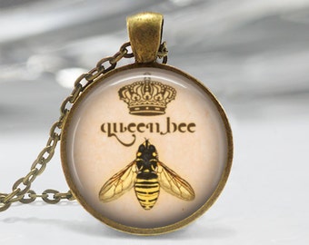 Queen Bee Necklace Entomology Honeybee Bumble Bee Diva Art Pendant in Bronze or Silver with Link Chain Included