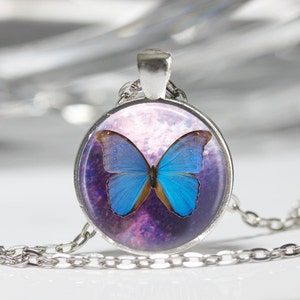 Blue Butterfly Necklace Butterflies Insects Entomology Blue and Purple Art Pendant in Bronze or Silver with Chain Included