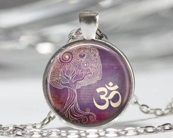 Tree of Life Necklace Yoga Jewelry Om Aum Zen Buddhism Purple Henna Art Pendant in Bronze or Silver with Chain Included