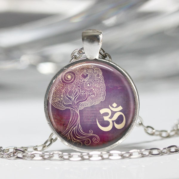 Tree of Life Necklace Yoga Jewelry Om Aum Zen Buddhism Purple Henna Art Pendant in Bronze or Silver with Chain Included