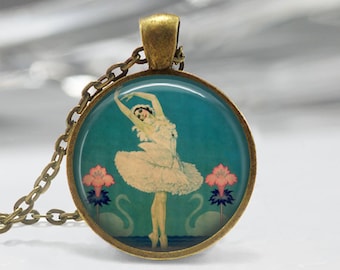 Ballet Dancer Swan Lake Art Deco Ballerina Pendant in Bronze or Silver with Chain Necklace Included