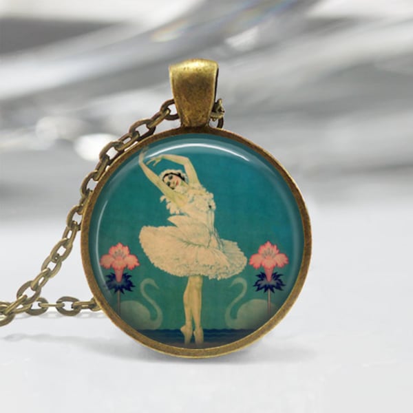 Ballet Dancer Swan Lake Art Deco Ballerina Pendant in Bronze or Silver with Chain Necklace Included