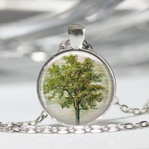 Green Tree Necklace Glass Bezel Art Pendant in Bronze or Silver with Link Chain Included