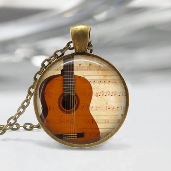 Guitar Necklace Sheet Music Jewelry Acoustic Guitar Art Pendant in Bronze or Silver with Chain Included