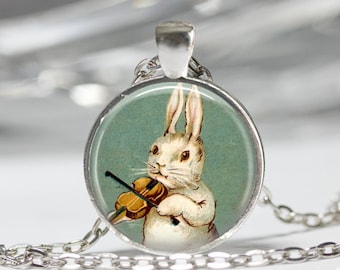 Rabbit Playing Violin Necklace Easter Jewelry White Bunny Art Pendant in Bronze or Silver with Chain Included