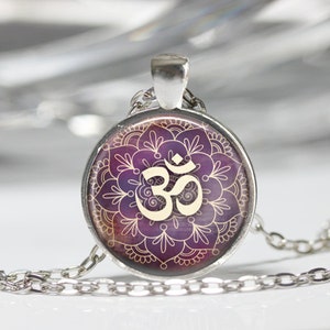 Om Necklace Yoga Jewelry Purple Lotus Flower Om Symbol Buddhism Zen Henna Art Pendant with Chain Included