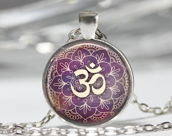 Om Necklace Yoga Jewelry Purple Lotus Flower Om Symbol Buddhism Zen Henna Art Pendant with Chain Included