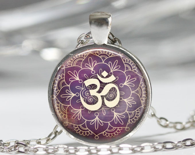 Om Necklace Yoga Jewelry Purple Lotus Flower Om Symbol Buddhism Zen Henna Art Pendant with Chain Included