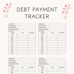 Könnte beinhalten: Ein druckbarer Schulden-Zahlungs-Tracker mit floralem Design. Der Titel "DEBT PAYMENT TRACKER" steht oben. Der Tracker enthält Abschnitte für Gläubigerinformationen, Fälligkeitstermine und Zahlungsverfolgung für jeden Monat des Jahres.