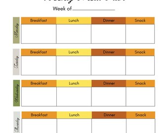Op de afbeelding: Een witte wekelijkse maaltijdplan sjabloon met een bloemig thema. Het ontwerp bevat zonnebloemen en een decoratief wiel. Het plan is verdeeld in dagen van de week met secties voor ontbijt, lunch, diner en snacks. De tekst "Weekly Meal Plan" staat bovenaan.