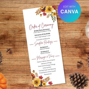 Elegant Fall Wedding Program with Sunflowers Acorns Leaves  | Editable in Canva | 3.75" x 9" | Instant Access