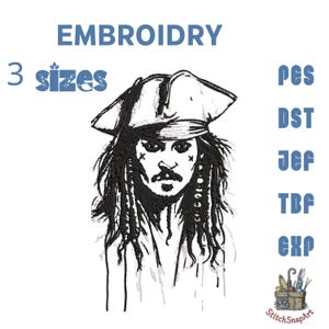 Peut inclure: Motif de broderie noir et blanc représentant un pirate avec un chapeau et de longs cheveux. L'image comprend le texte "EMBROIDRY", "3 tailles" et des abréviations de type de fichier. Un logo StitchSnapArt est en bas à droite.
