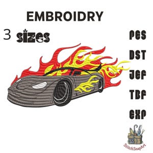 Flaming Racing Car Embroidery Design: Hot Rod Machine Stitch (3 Sizes) (Digital Download