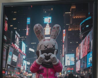 NYC Rabbit Wall Art Print – Hypebeast Streetwear Poster, KAWS Style New York Night Decor