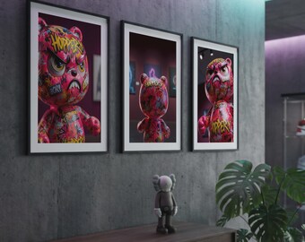 Pink Graffiti Bear Triptych – Hypebeast Decor Masculine Wall Art, BAPE Style Graffiti Print