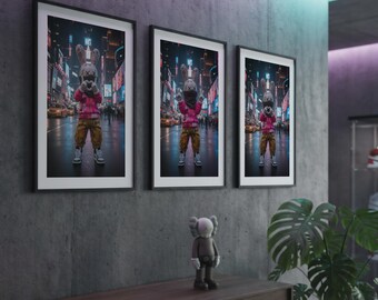 NYC Streetwear Bunny Triptych – KAWS Wall Art Set of 3 Hypebeast Decor, Masculine Print