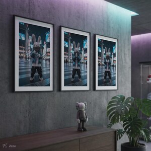 Triptyque Nuit de Tokyo – Décoration murale masculine style Hypebeast, ensemble de 3 tableaux KAWS
