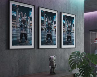 Tokyo Night Triptych – Hypebeast Decor Masculine Wall Art, KAWS Style Set of 3