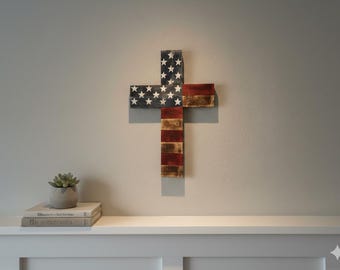 Croix patriotique en bois - Décoration rustique drapeau américain, Art mural chrétien, Croix drapeau vieilli fait main