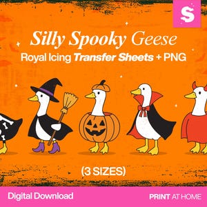 May include: An orange background features five cartoon geese dressed in Halloween costumes. The geese are a skeleton, witch, pumpkin, vampire, and devil. Text at the top reads "Silly Spooky Geese". Below the geese is the text "(3 SIZES)".
