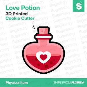 May include: A pink, heart-shaped potion bottle cookie cutter with a white heart detail. The bottle contains red liquid and has the text "Love Potion" and "Cookie Cutter". The item is 3D printed.