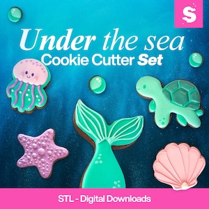 STL - Under the Sea-koekjesstekerset | STL 3D-geprinte koekjesvormpjes | Schildpad, kwal, zeemeerminstaart, zeester en schelp