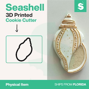 May include: A seashell-shaped cookie cutter. The cookie cutter is white with gold accents and a detailed design. The image also includes the text "Seashell 3D Printed Cookie Cutter" and a line drawing of the cookie cutter shape.
