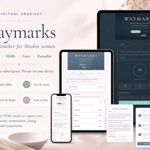 May include: A digital product display titled Waymarks, an Islamic tracker for Qur'an, Hifdh, Fasts, and Ramadan. The interface is shown on a smartphone, tablet, and laptop screen, featuring dark and light themes with text, progress bars, and icons.