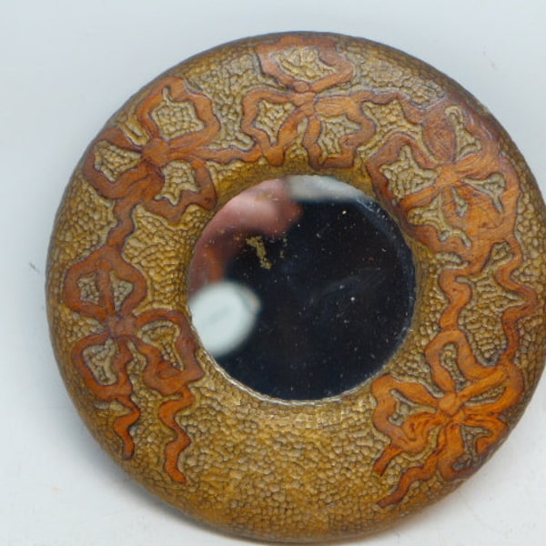 Vintage Round Mirror in Frame - Stamped Wood Pattern Frame - Vintage Hanging Mirror - Vintage Frame - Victorian Mirror - 2 1/2" and 5 1/2"