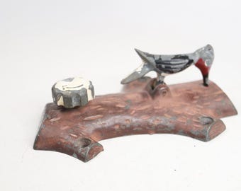 Vintage Rare Mechanical Woodpecker Door Knocker - Twist Knob to Operate - Aluminum Version - Worn Paint - Works Well - 6 1/2