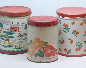 Set of 3 Decoware Tin Canisters - 1950s Decoware Tin Canister - Tin Kitchenware - Vintage Tin Canister - Kitchen Canister