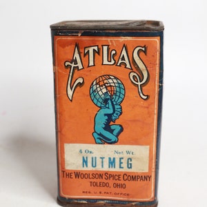 Vintage Spice Tin - Paper Label Atlas Spice Tin - Nutmeg Spice Tin - Atlas Spice Holder - 1907 Kitchen Decor - Woolsen Spice Company
