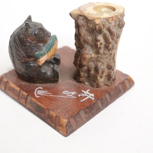 Vintage Toothpick Holder - Japanese Carved Bear and Wood Stump - Match Holder - Toothpick Holder