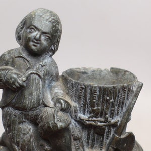 Vintage Young Boy Collecting Wood Match Holder - English Match Holder - Vintage Match Holder - Spelter - Figural Match Holder