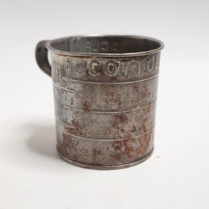 Antique Fries Tin Measuring Cup - Antique Tin Measuring Cup - Advertising Tin - Tin Cup - Kitchen Primitive - Minor Rust