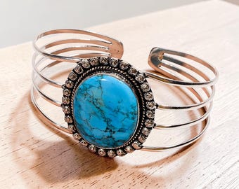 Pulseira de turquesa natural, bracelete banhado a prata, joia artesanal ajustável, pulseira boho vintage, presente para ela.