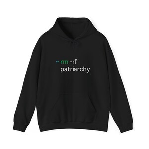 Può includere: Felpa con cappuccio nera con tasca frontale e cappuccio con coulisse. La felpa presenta il testo "~ rm -rf patriarchy" in verde e bianco. Il capo è realizzato in materiale morbido.