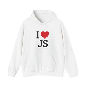 May include: White hooded sweatshirt with a front pocket and drawstring. The front of the sweatshirt features the text "I ♥ JS" with a red heart symbol.