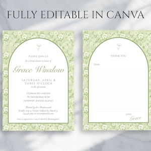Convite e cartão de agradecimento para chá de panela com flores verdes e brancas, modelo editável do Canva, conjunto para festa no jardim para impressão, download instantâneo