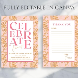 Rosa und Gold-Geburtstagseinladung & Dankeskarte, bearbeitbare Canva-Vorlage, Preppy Chic druckbar, sofortiger Download