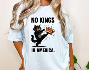 Shirt No Kings in America zwarte kat, shirt No Kings, grappig politiek meme T-shirt, shirt grappige kat schoppen Trump, shirt sociale rechtvaardigheid