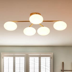 Brass Flush Ceiling Light | 5-Light Opal Glass Fixture | Modern Elegant Lighting | Semi Flush Mount | G9 Dimmable | Contemporary Decor